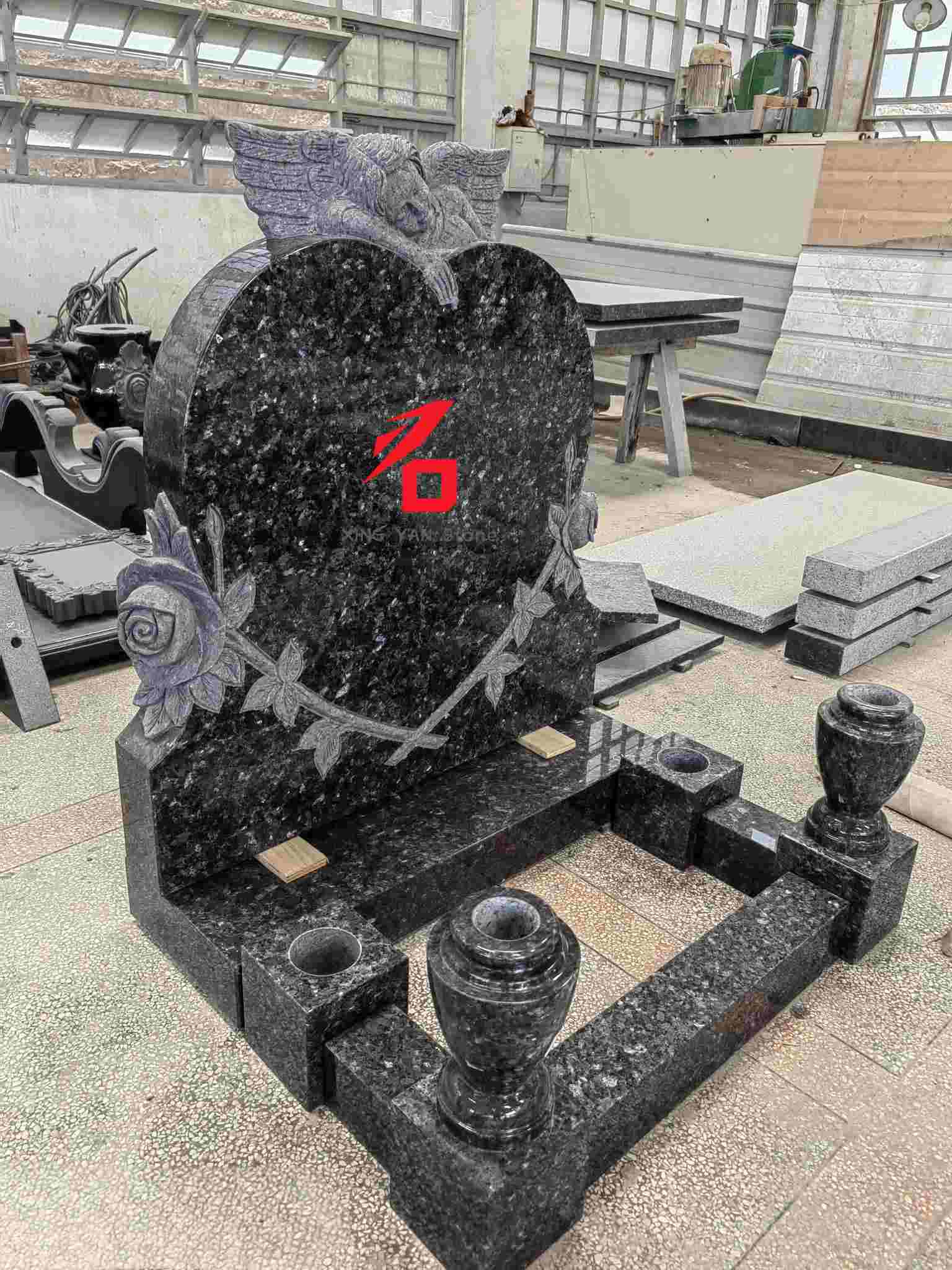 Көк інжу граниті жүрек тәрізді періште мемориалды қабір тасты